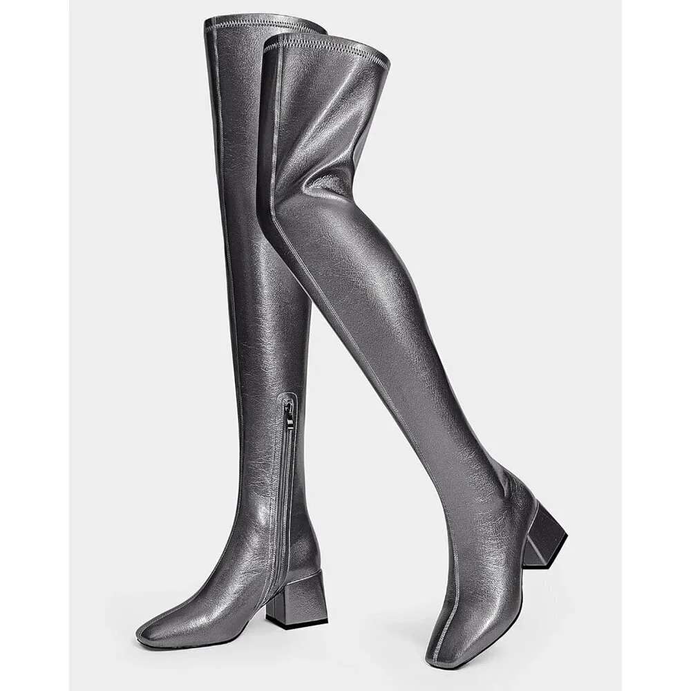 Women Grey Polyurethane Over the Knee Square Toe Block Heel Long Zipper Boots